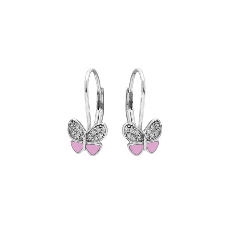 BOUCLES D'OREILLES Enfant ARGENT PAPILLON RÉSINE ROSE ET OXYDES BLANCS