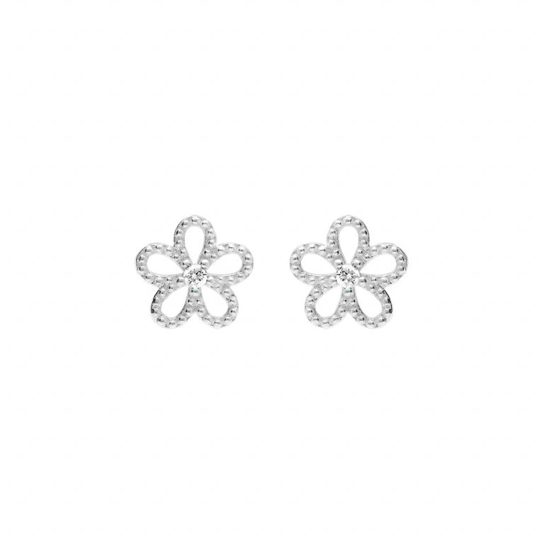 BOUCLES D'OREILLES Dame fleur +pierre transparente ARGENT