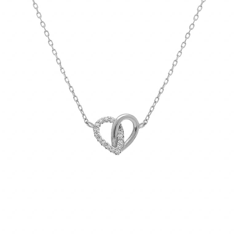 COLLIER Dame ARGENT RHODIÉ COEUR ENTRELACÉ OXYDES BLANCS
