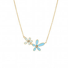 Charger l&#39;image dans la galerie, COLLIER Dame fleurs bleues turquoise ACIER DORE
