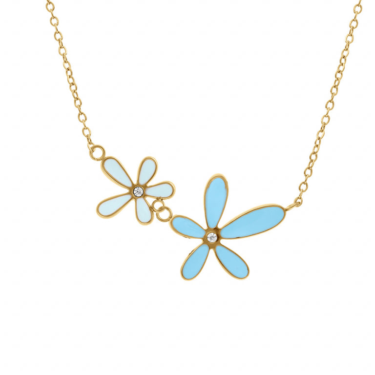 COLLIER Dame fleurs bleues turquoise ACIER DORE