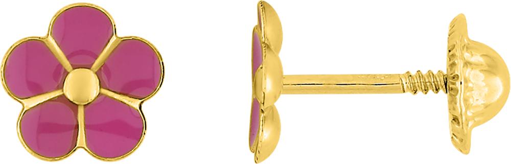 BOUCLES D'OREILLES VISSE OR JAUNE 375/1000 MOTIF FLEUR laquée rose