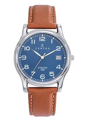 MONTRE Homme Bleue cuir marron clair CERTUS 611316