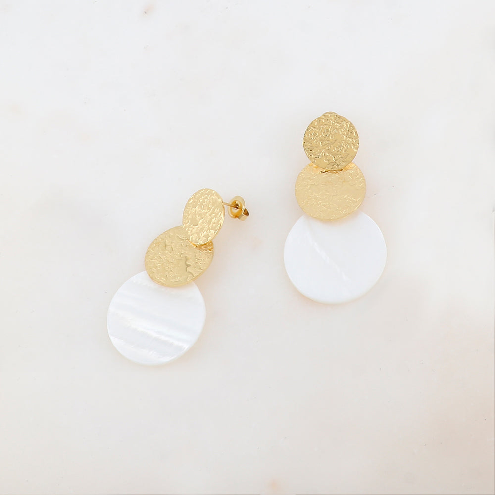 BOUCLES D'OREILLES Dame à puce avec 2 pièces rondes martelées en acier et 1 en nacre