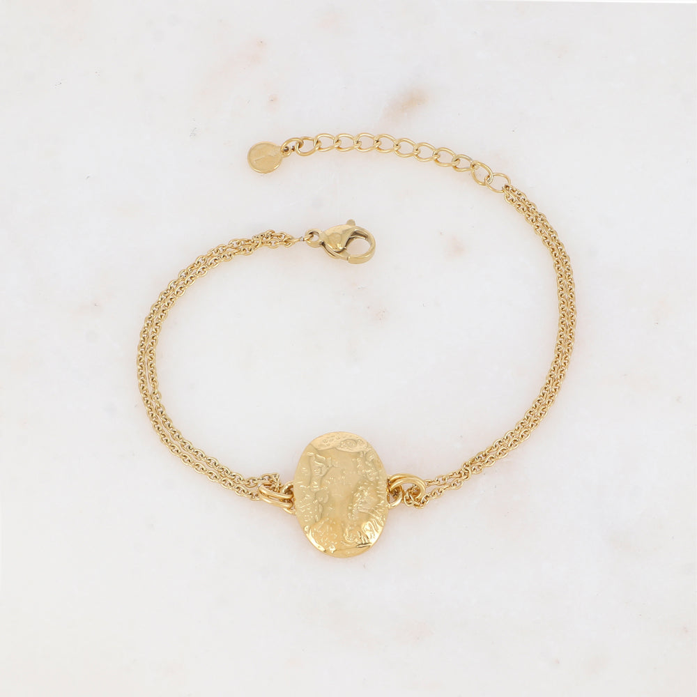 BRACELET Dame acier doré double rang avec pièce martelée ovale