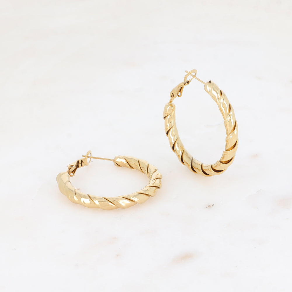 BOUCLES D'OREILLES Dame ACIER DORE CREOLES TORSADEES