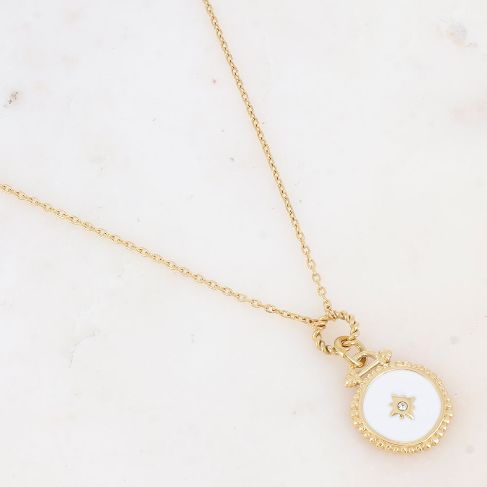 COLLIER Dame acier doré et pièce émaillée blanche IKITA