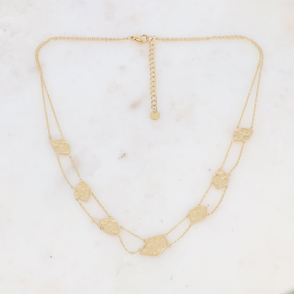 Collier double rangs avec pampilles géométriques martelées acier