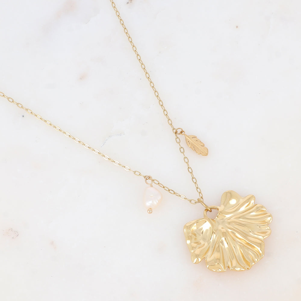 COLLIER Dame Sautoir  acier inoxydable doré feuille et perle