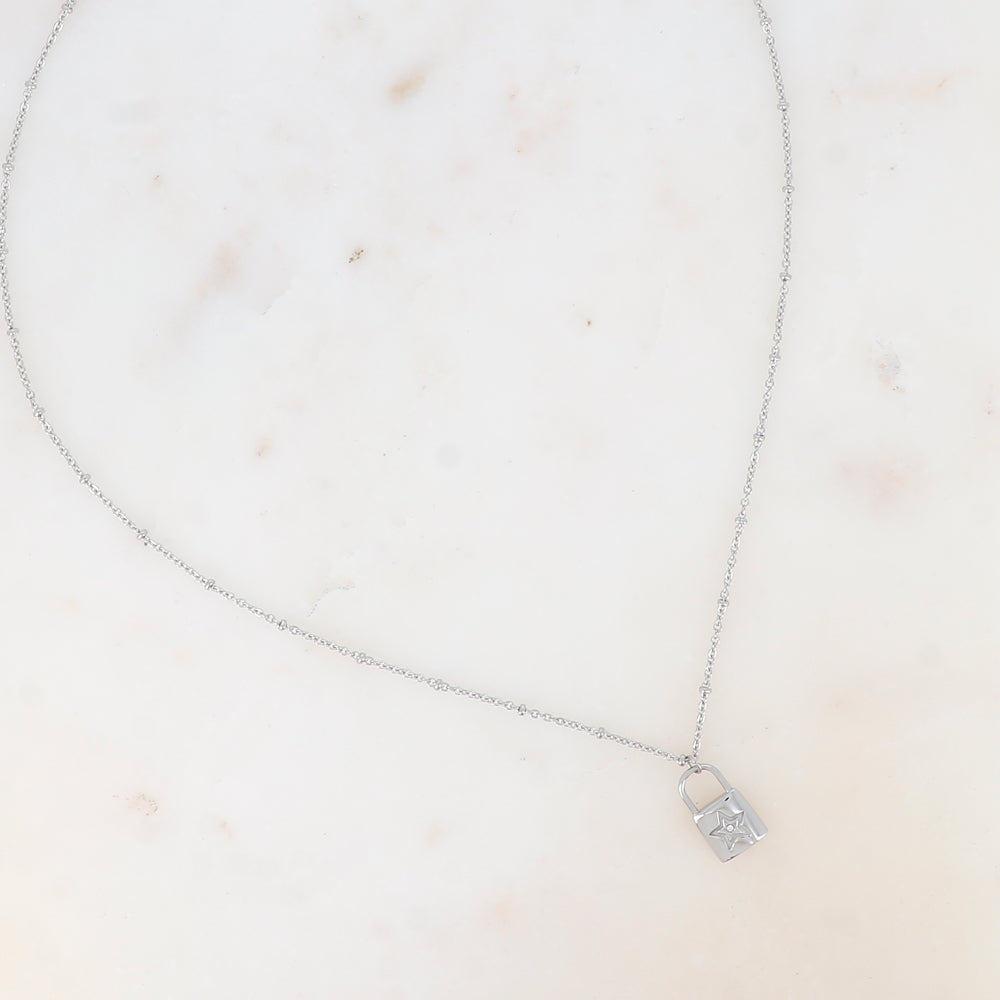 COLLIER Femme ACIER ARGENTE CHAINE BOULE CADENAS