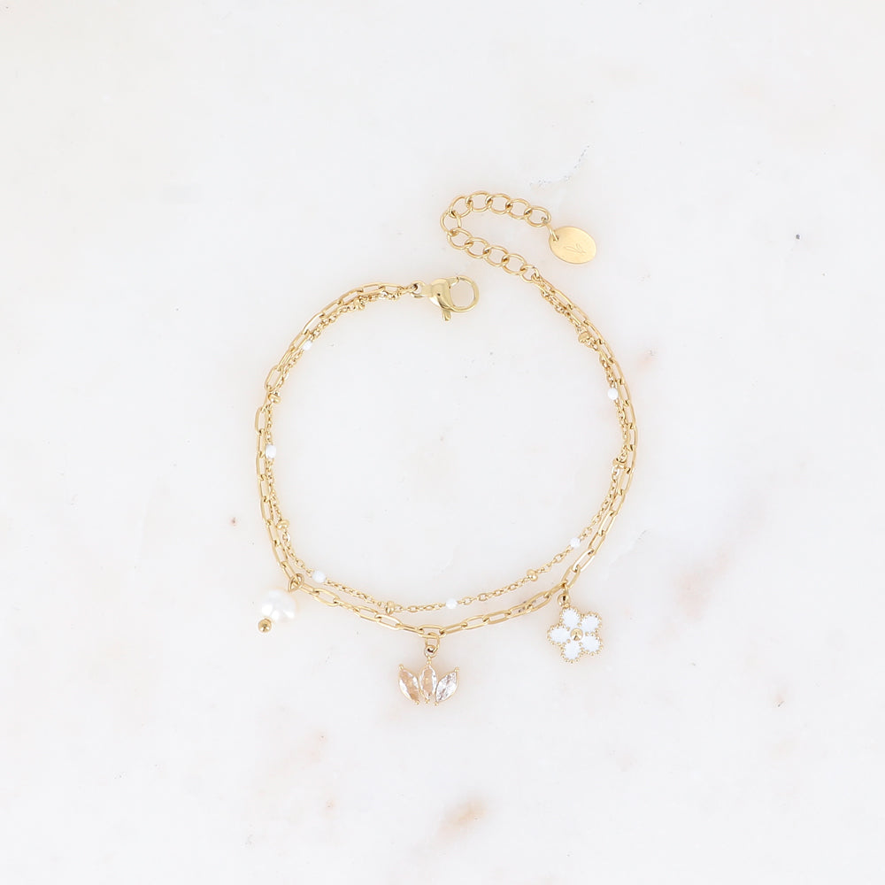 BRACELET Dame 2 rangs fleur emaillée et perle d'eau douce BOHM