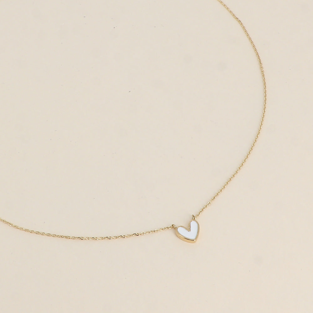 Collier Femme /Enfant coeur émaillé blanc acier doré BOHM