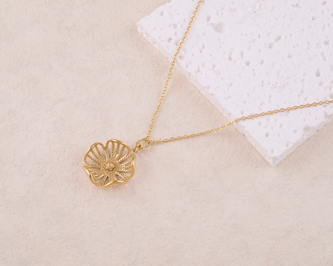 Collier Dame ACIER DORE SAUTOIR FLEUR AJOURE