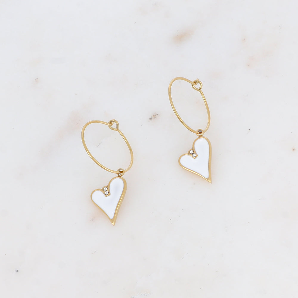 Créoles Femme pampille forme cœur émaillés et strass acier