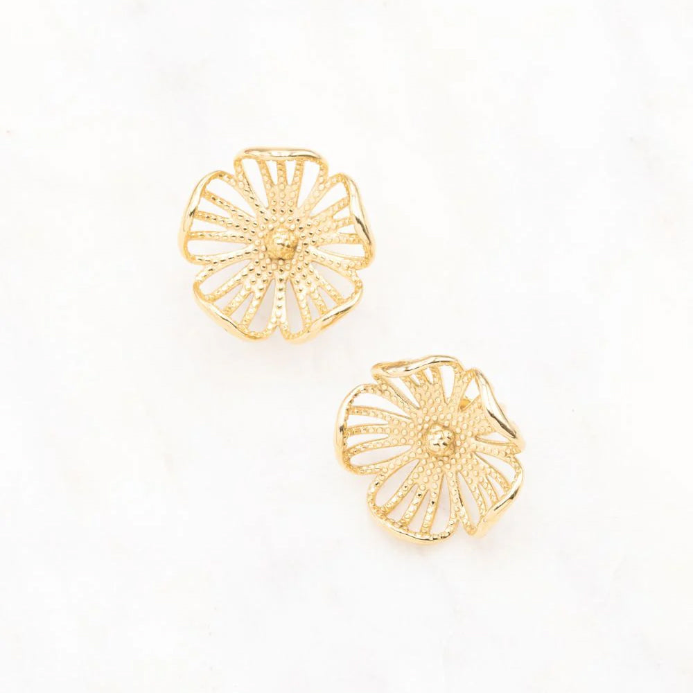 BOUCLES D'OREILLES Dame à puce ACIER DORE fleur ajourée