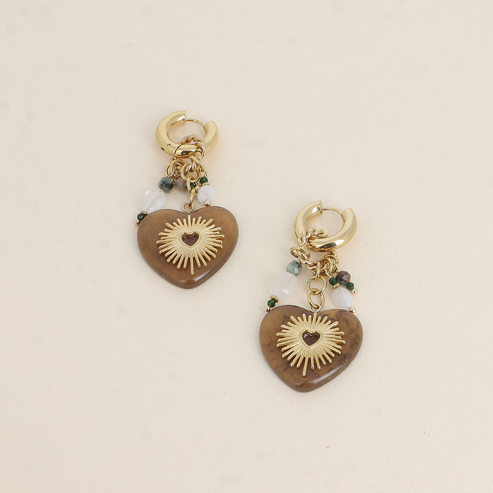 BOUCLES D'OREILLES Dame CREOLES COEUR EN RESINE PIERRES NATURELLES BOHM