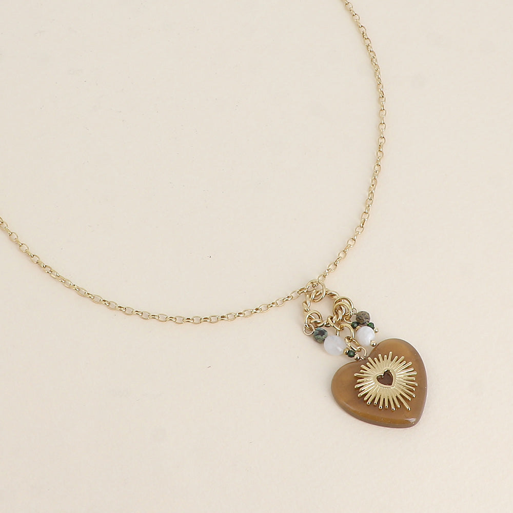 COLLIER Femme anneau torsadé ACIER doré coeur résine pierres naturelles BOHM