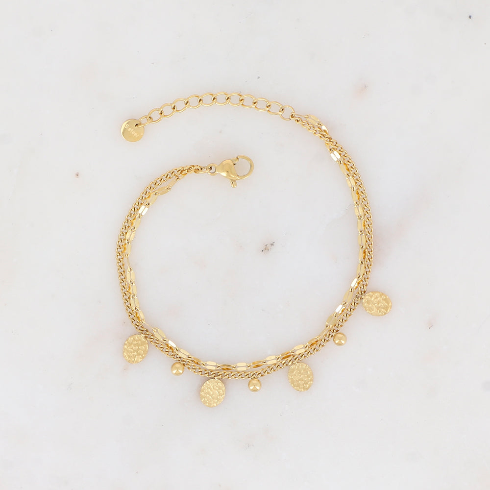BRACELET Dame  acier doré DOUBLE RANG AVEC PAMPILLES OVALES MARTELEES