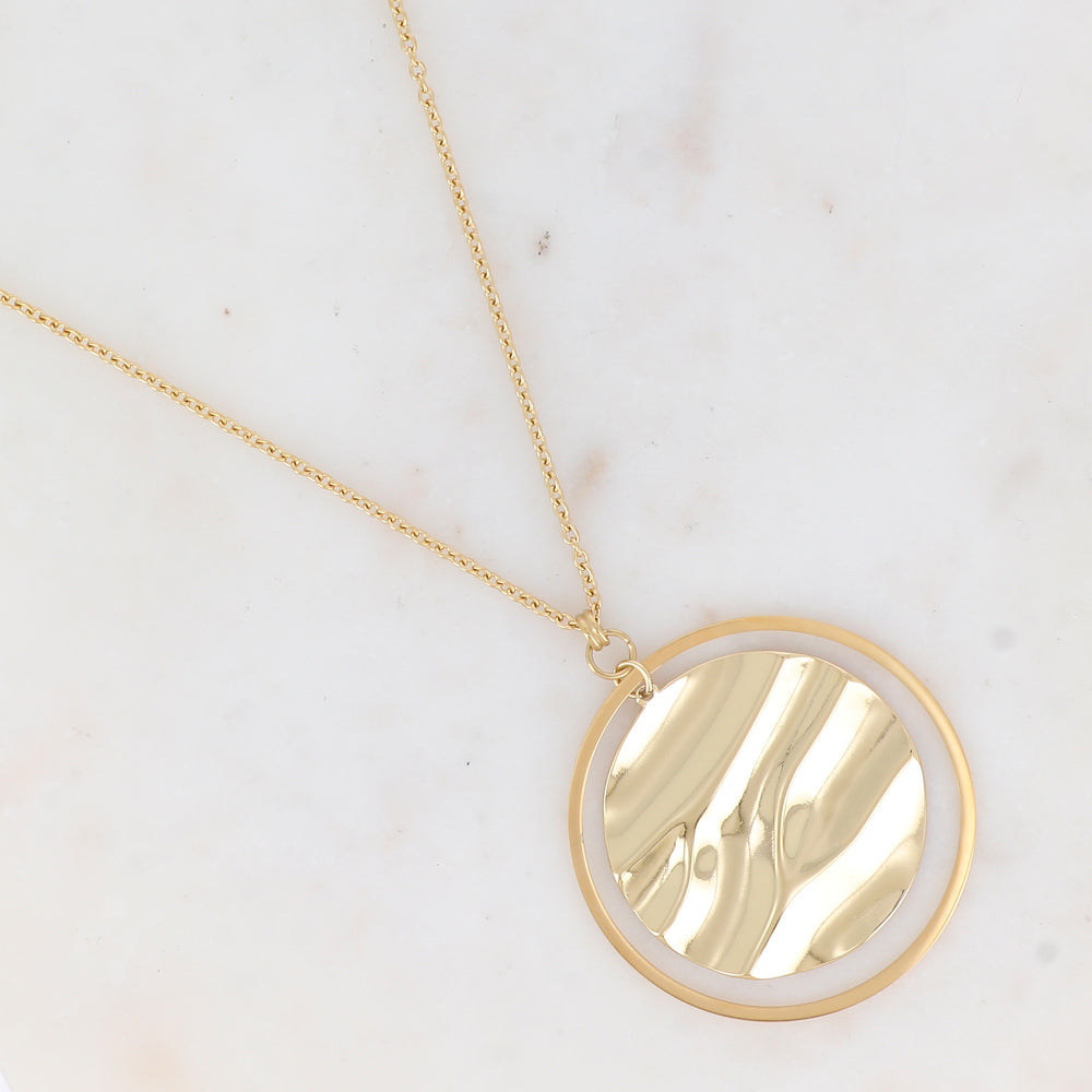 COLLIER Dame Sautoir acier doré AVEC UN PENDENTIF ANNEAU ET ROND ONDULE