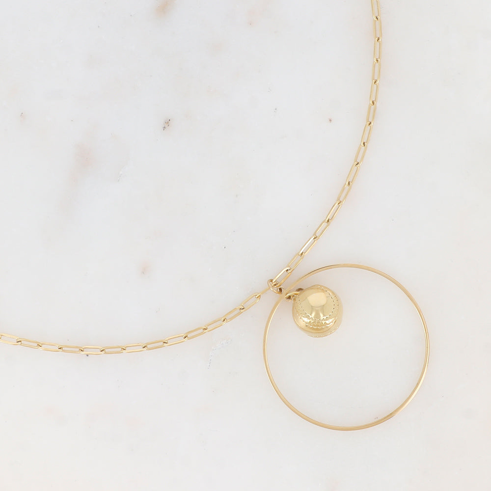 COLLIER Dame  acier DORE SAUTOIR ANNEAU ET  BALLE
