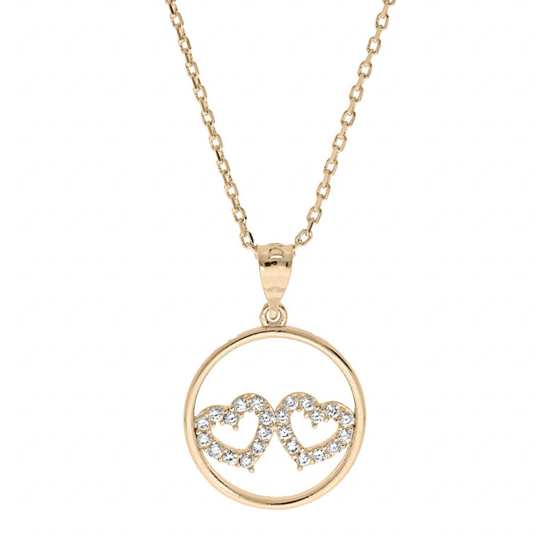 COLLIER Dame pendentif rond avec 2 coeurs zirconium PLAQUE OR