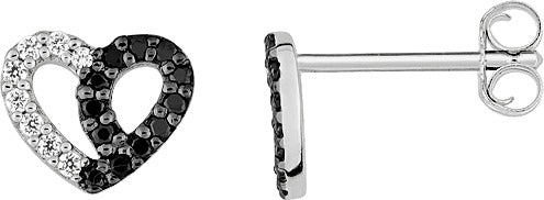 BOUCLES D'OREILLES Dame puces Coeur noir et blanc ARGENT