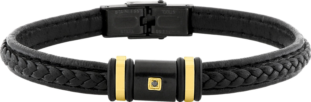 BRACELET Homme Cuir noir, Acier, et diamant noir