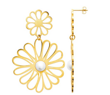 Charger l&#39;image dans la galerie, BOUCLES D&#39;oreilles dame double fleur+perle ACIER DORE
