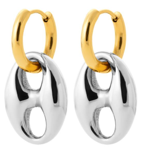 BOUCLES D'OREILLES Dame Créoles + grain café ACIER BICOLORE