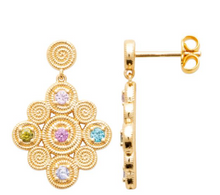 Charger l&#39;image dans la galerie, BOUCLES D&#39;OREILLES Dame pendantes empierrées multicolores  PLAQUE  OR
