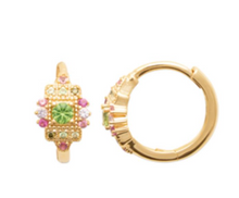 Charger l&#39;image dans la galerie, BOUCLES DOREILLES Dame Créoles empierrées multicolores PLAQUE OR
