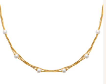 COLLIER Dame ACIER DORE 3 rangs et perles blanches