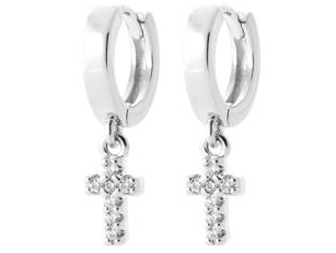 BOUCLES D'OREILLES Dame créoles + pampille croix ARGENT