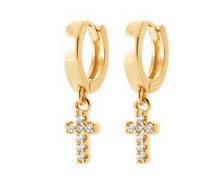Charger l&#39;image dans la galerie, BOUCLES D&#39;OREILLES Dame creoles + pampille croix PLAQUE OR
