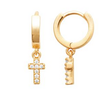 Charger l&#39;image dans la galerie, BOUCLES D&#39;OREILLES Dame creoles + pampille croix PLAQUE OR
