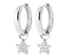 Charger l&#39;image dans la galerie, BOUCLES D&#39;OREILLES Dame créoles et pampilles étoiles ARGENT RHODIE
