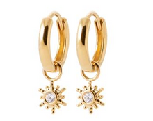 Charger l&#39;image dans la galerie, BOUCLES D&#39;OREILLES Dame créoles et pampilles soleil PLAQUE OR
