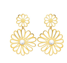 Charger l&#39;image dans la galerie, BOUCLES D&#39;oreilles dame double fleur+perle ACIER DORE
