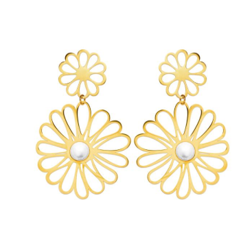 BOUCLES D'oreilles dame double fleur+perle ACIER DORE