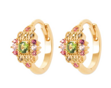 Charger l&#39;image dans la galerie, BOUCLES DOREILLES Dame Créoles empierrées multicolores PLAQUE OR
