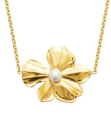 COLLIER Femme  Motif fleur perle blanche ACIER ET PVD DORE