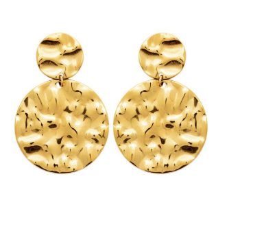 BOUCLES D'OREILLES Dames pendantes Acier doré 2 pastilles martelées