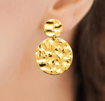 Charger l&#39;image dans la galerie, BOUCLES D&#39;OREILLES Dames pendantes Acier doré 2 pastilles martelées
