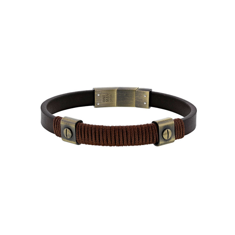 BRACELET homme EN CUIR MARRON/COTON/ ACIER ASPECT BRONZE