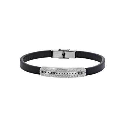 BRACELET Homme CUIR NOIR ET  PLAQUE ACIER MARTELE