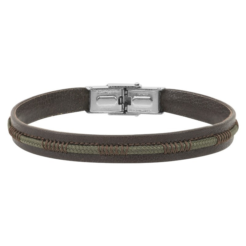BRACELET Homme Cuir marron et cordon surpiqué kaki 