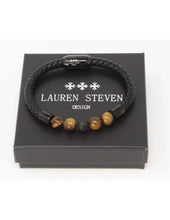 Charger l&#39;image dans la galerie, BRACELET Homme cuir tressé OEIL DE TIGRE ET PIERRE DE LAVE  ET  LAUREN STEVEN
