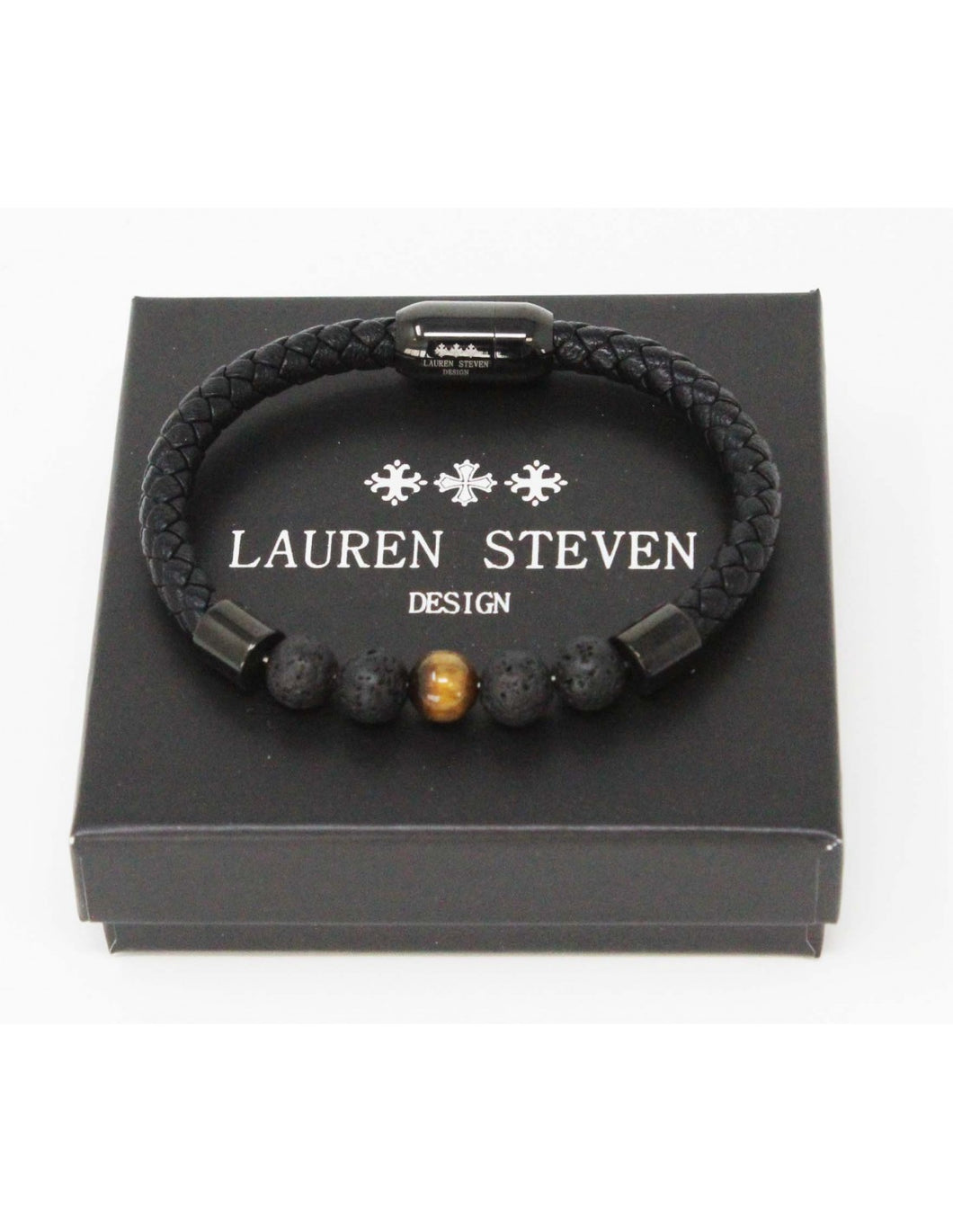 BRACELET Homme cuir tressé  PIERRES DE LAVE  ET OEIL DE TIGRE LAUREN STEVEN