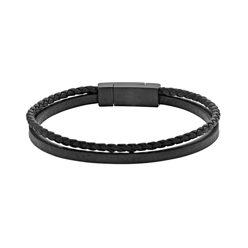 BRACELET Homme 2 rangs CUIR LISSE ET TRESSE CUIR NOIR FERMOIR ACIER