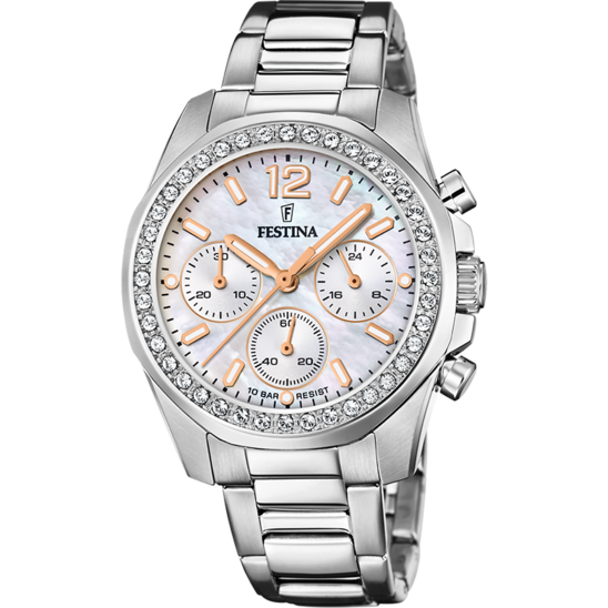 Montre Festina femme chronographe acier fond nacré